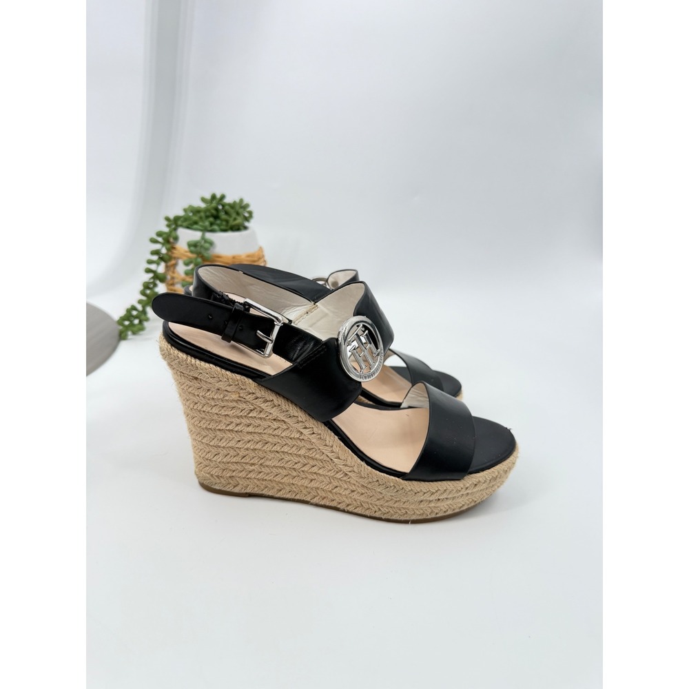 Tommy Hilfiger Wedge Sandals Womens 7M Black Espadrille Platform TH Logo Strappy